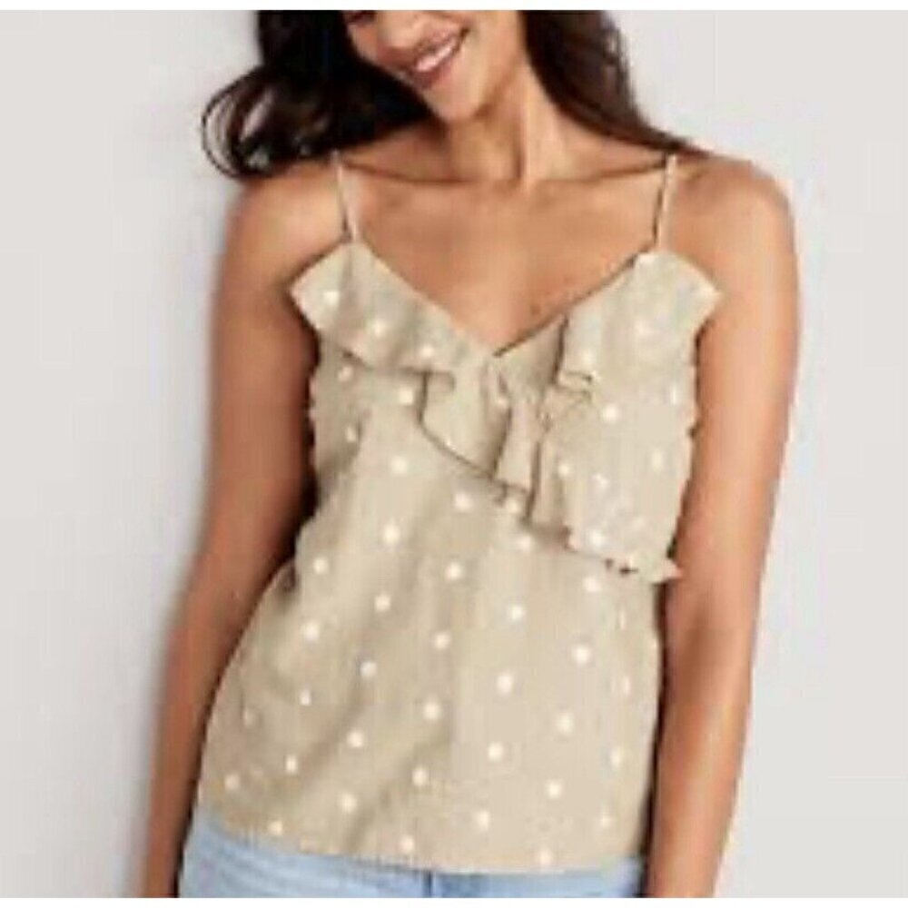 Old Navy Top Womens XL Tan White Polka Dot Ruffle Wrap Effect Tank Cami Beachy